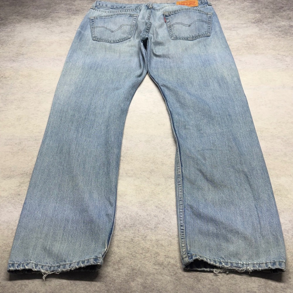 Levis 505 Regular Fit Mens 34x32 Light Wash Distressed Straight Leg Denim Jeans - Picture 13 of 14